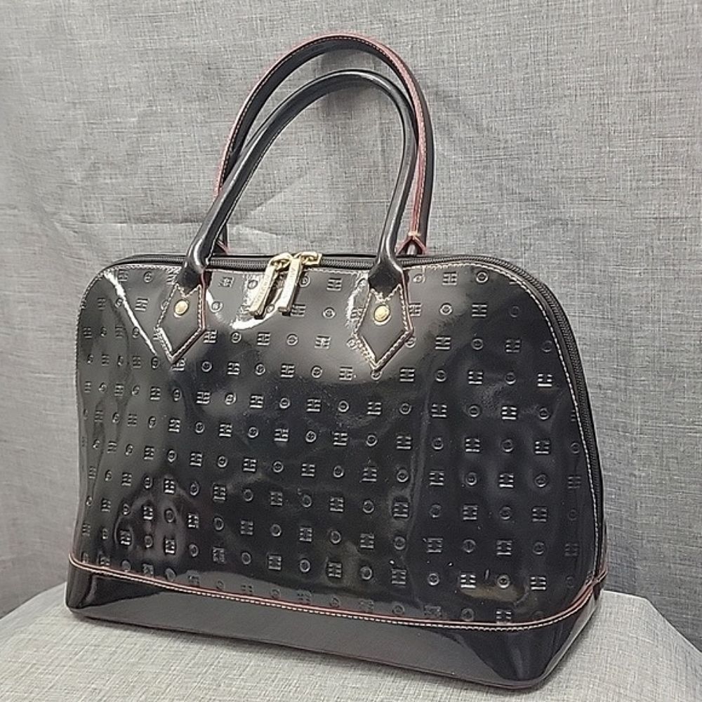 Arcadia Signature Large Blk Patent Leather Tote, Made In Italy Monogram Bag